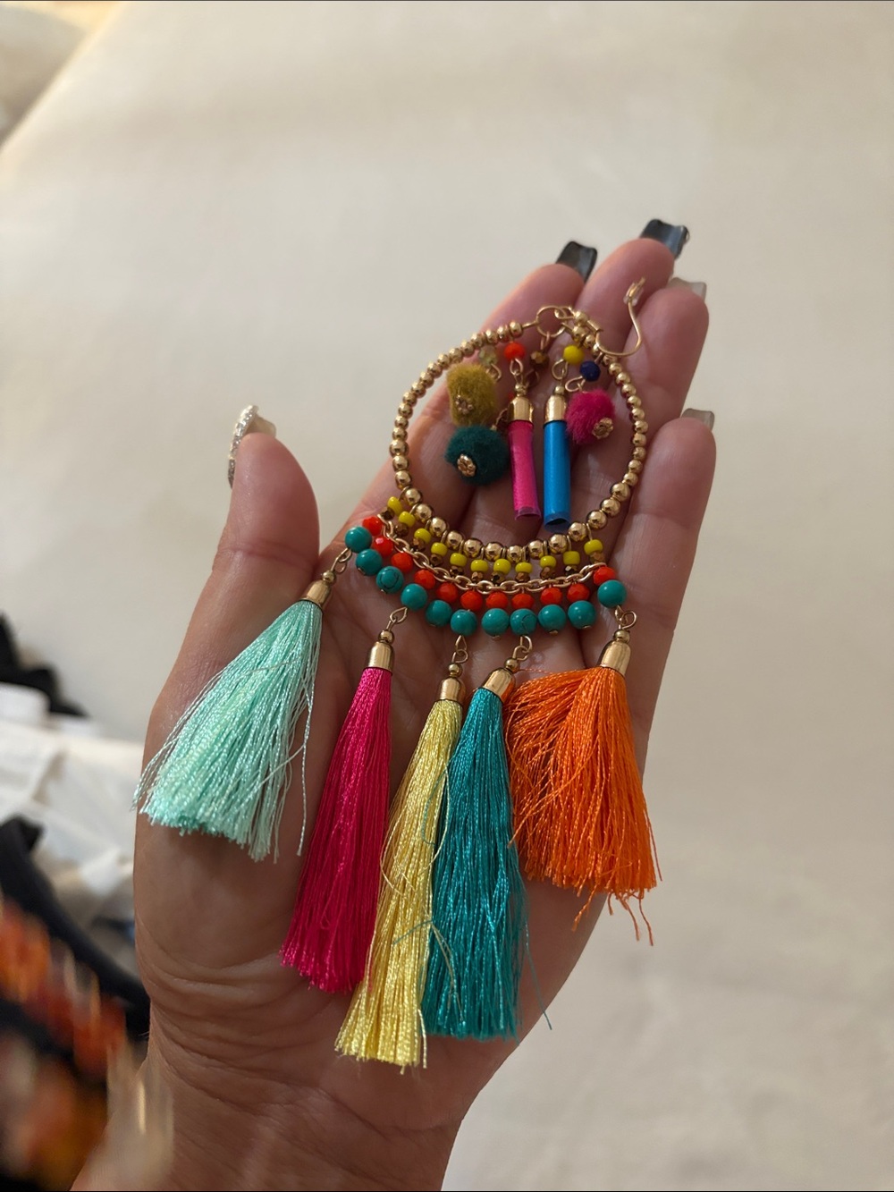 Zara Multicolor Tassel Hoop Earrings in Teal, Pink, Yellow, Orange & Blue NEW - Picture 6 of 6